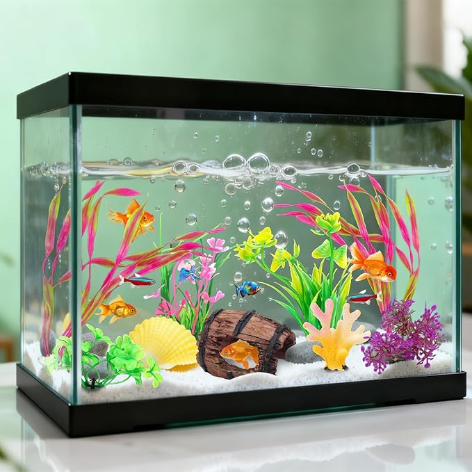 QUOZUO Small Fish Broken Barrel Decor Fish Tank Decorations Aquarium Accessories Plants Plastic Resin Barrel and Coral Hideout Ornaments Aquarium Decor Set 8 Pieces