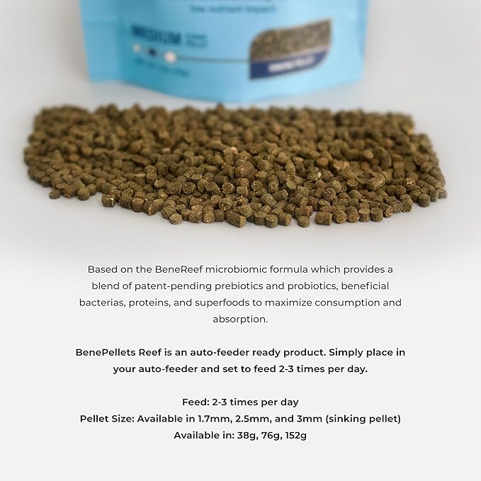 BenePellet Reef Food - Optimize Coral Color, Health & Nutrients, Shrimp, Inverts & Microorganism Feed, Designed for Autofeeders, 1.7mm Sinking Pellets - 38 Grams