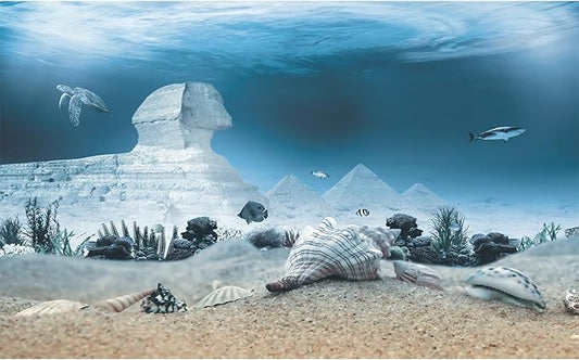 Aquarium Background Underwater Egyptian Sphinx and Pyramids Fish Tank Background Ocean Sea Bed Shells Coral Turtle Shark Tropical Marine Life Terrarium Backgrounds for Tank Decors 36x24in