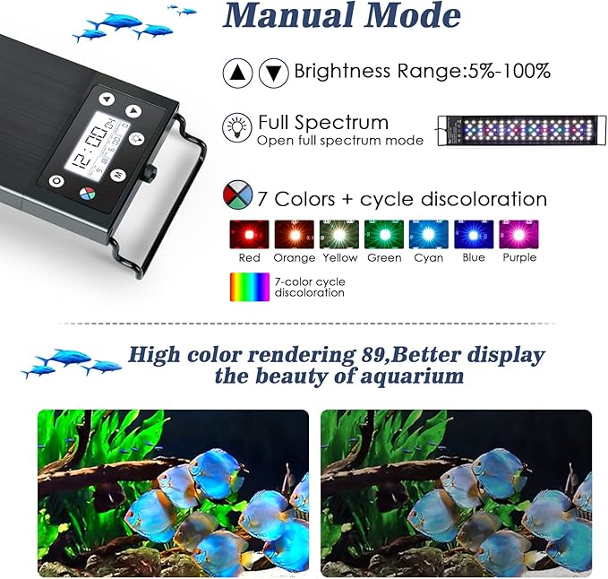 AQQA Aquarium Light,Multi-Function Fish Tank Led Light 24/7 DIY Auto On Off + Night Mode + Day Mode + Full Spectrum + 7 Colors,Adjustable Brightness Waterproof with Timer for Freshwater 16W