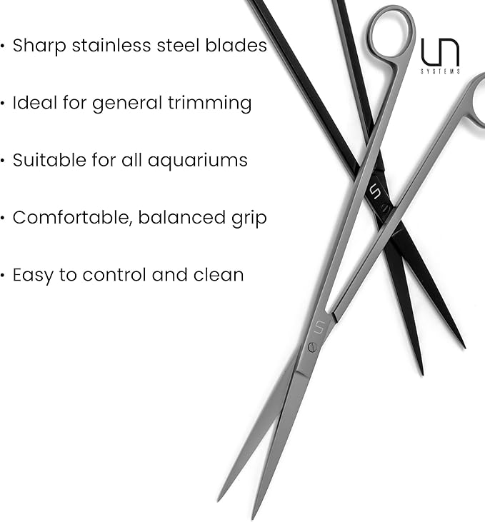 UNS Aquascaping Tools - Stainless Steel, Rust Resistant, Freshwater Planted Tank, Saltwater Reef Aquarium Maintenance Accessory - Trimming Stems & Carpets, Coral Cutting - Straight Scissors, Black