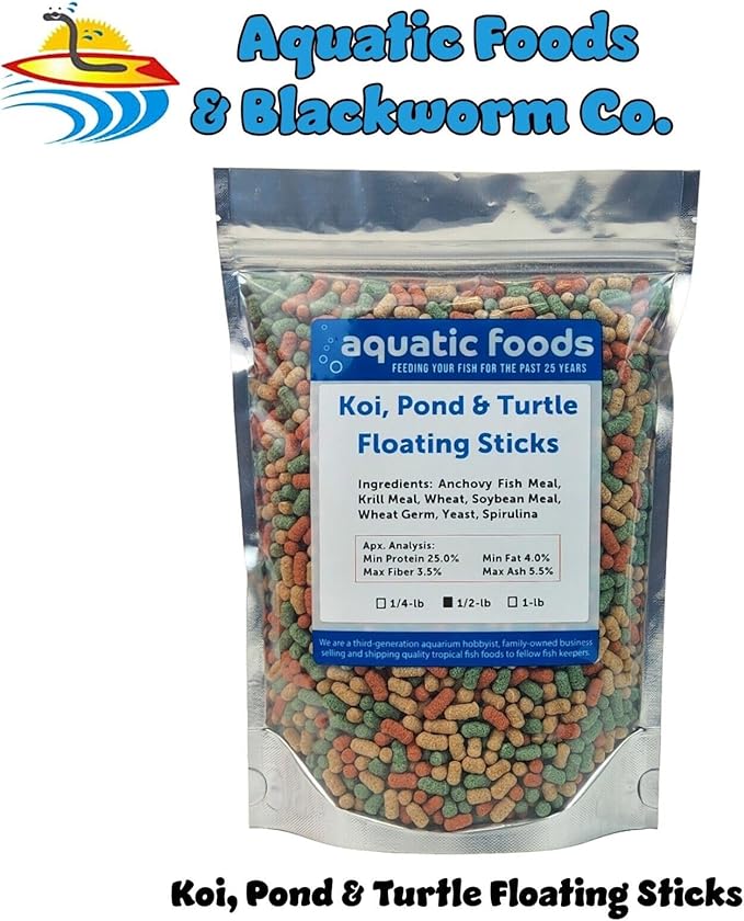 Koi, Pond & Turtle 7/16" x 5/32" 25% Protein Floating Sticks. Spirulina, Color Enhancing & Wheat Germ Sticks for Koi, All Pond Fish, Aquatic Turtles...WL…1/2-lb Foil Pouch Bag