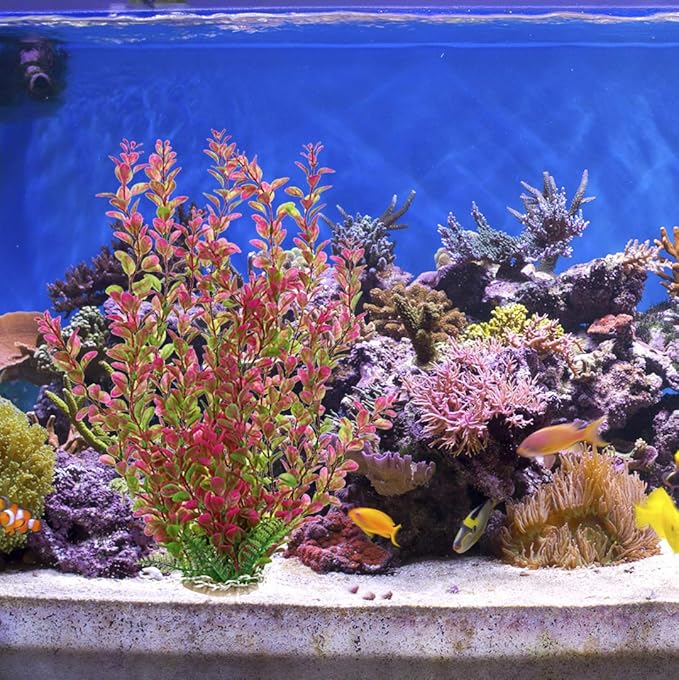 18 Inch Artificial Aquarium Plants, Red Rhodo Plastic Fish Tank Decorations, Safe for Freshwater & Saltwater, Non-Toxic Stone Base Ornament for Betta Fish Tank