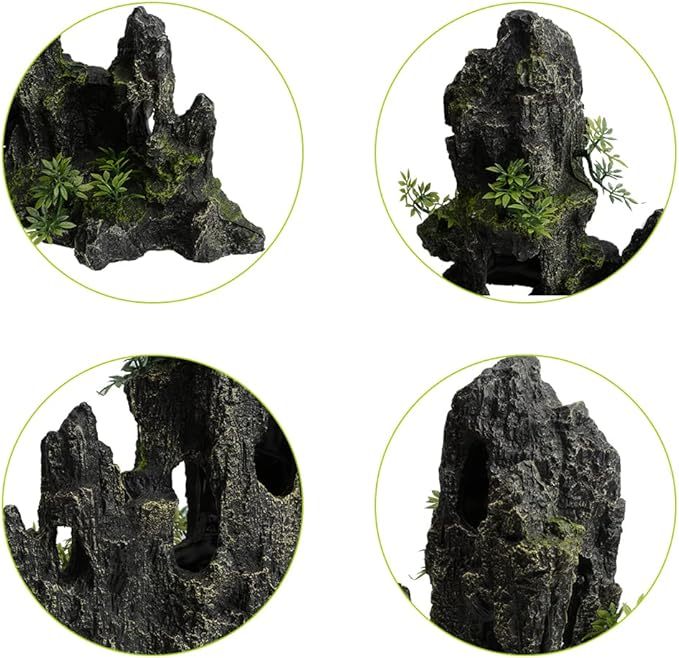 11 Inch Large Aquarium Decor, Tall Resin Mountain Rock Cave with Plants for Natural Aquascape – Realistic Fish Tank Decorations & Hiding Place for Betta, Shrimp, Cichlids