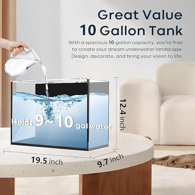 10 Gallon Glass Fish Tank Open-Back Lid, Aquarium Fish Bowl Cube for Betta Goldfish Snails Shrimp Aquatic Planting, Ultra Clear Rimless Low Iron
