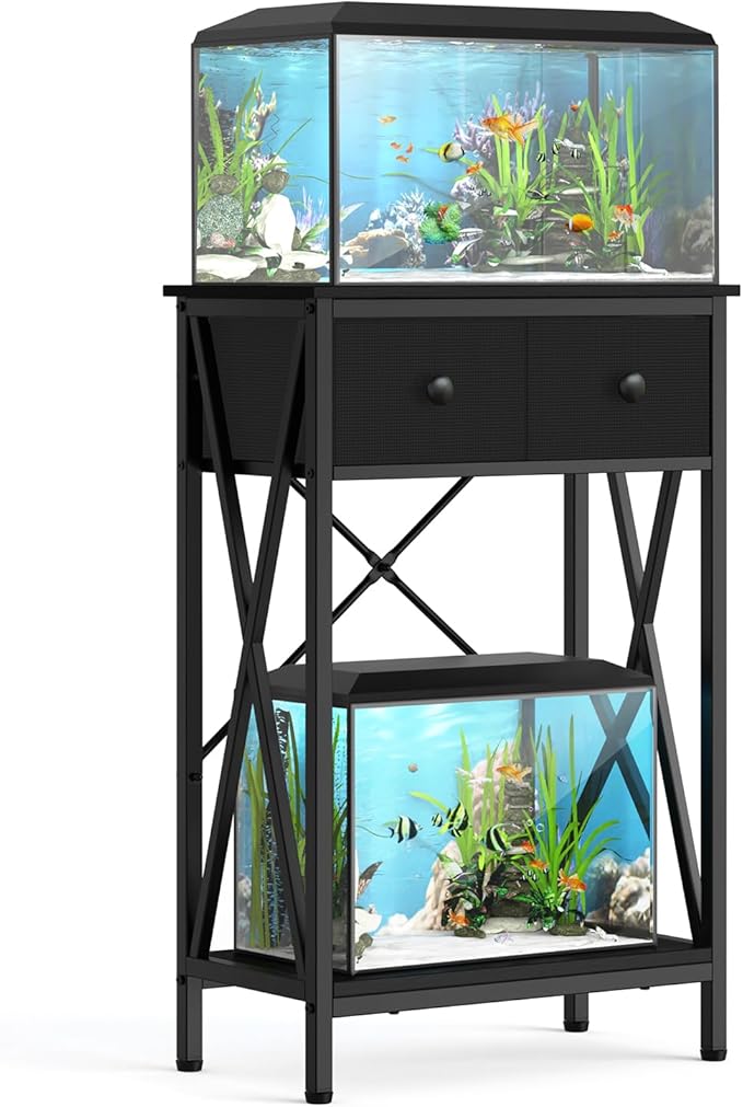 Fish Tank Stand for 5-10 Gallon Fish Tank: Aquarium Stand with Accessories - Metal 10 Gallon Tank Stand with Cabinet Drawer Storage for Turtle Tank, Reptile Terrarium (Black, 220LBS Capacity)