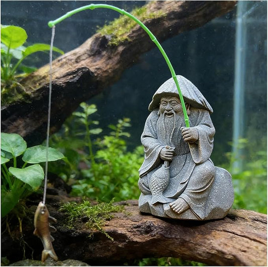 livelyfish Aquarium Fisherman Statue Japanese Old Man Figurine Sandstone Sitting Fishing Figurines for Fish Tank Garden Home Decor (E2)