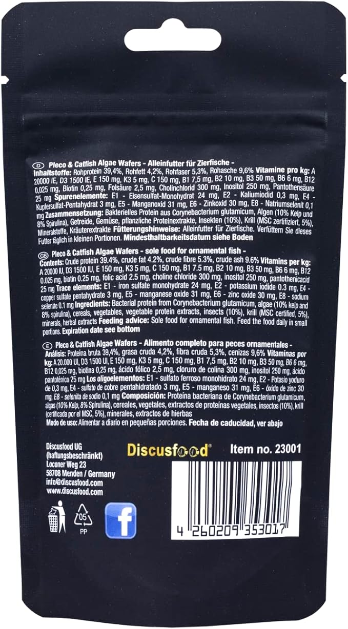 Discusfood Pleco & Catfish Algae Wafers, Complete Fish Food, Wafer Form, 50g, 150g, for All Life Stages (50g)