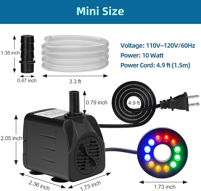 DaToo Mini Submersible Fountain Water Pump With LED Light 160GPH 10W Small Ultra Quiet Water Pump With Tubing For Aquarium Fish Tank Outdoor Pond Water Feature Fountain Statuary