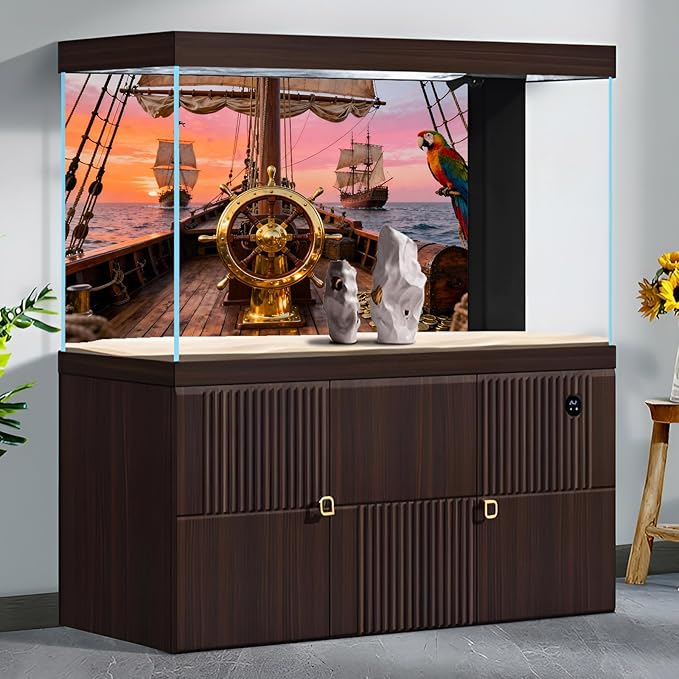 Sunset Ancient Sailing Boats Aquarium Background Luxurious Steering Wheel Treasure Chest Coins Wooden Sailboat Fish Tank Background Ocean Seascape Terrarium Backgrounds for Tank Decors 72x16in