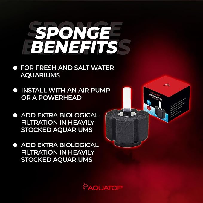 Aquatop Internal Sponge Filter – for Aquariums Up to 40 Gallons – Compatible with Air Pumps or Powerheads – Mechanical & Biological Filtration