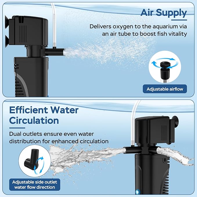 Aquarium U-V Filter for Green Water, Fish Tank Filter with U-V Light & Timer, Turtle Tank Filter with Dual Outlet & Aeration, for 10-30 Gallon Freshwater & Saltwater