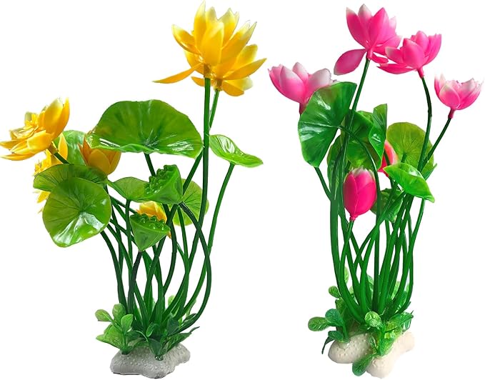 Artificial Lotus Flowers for Aquarium Fish Tank Plants Decorations, 2 Pack, 8.3" High, with Yellow and Pink Blossoms, Green Stems and Leaves, Perfect for Aquarium Decor