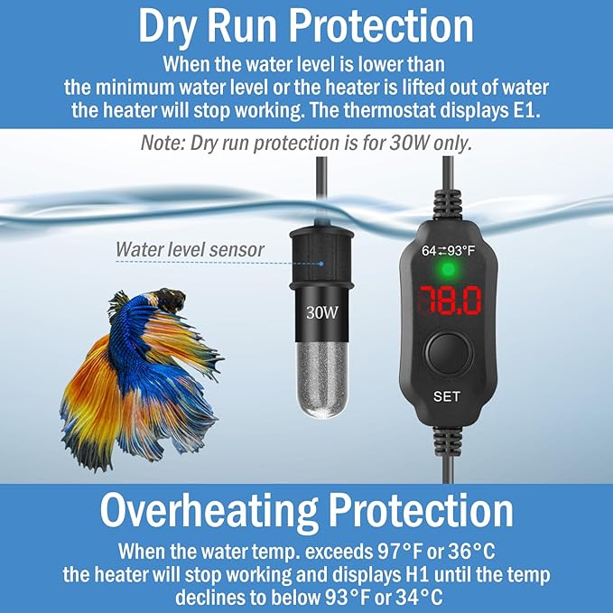 Super Mini Aquarium Heater 30W Betta Heater for 4-6 Gallon Tanks, Small Fish Tank Heater Turtle Heater with Dry-Run/Overheat Protection, Memory Function