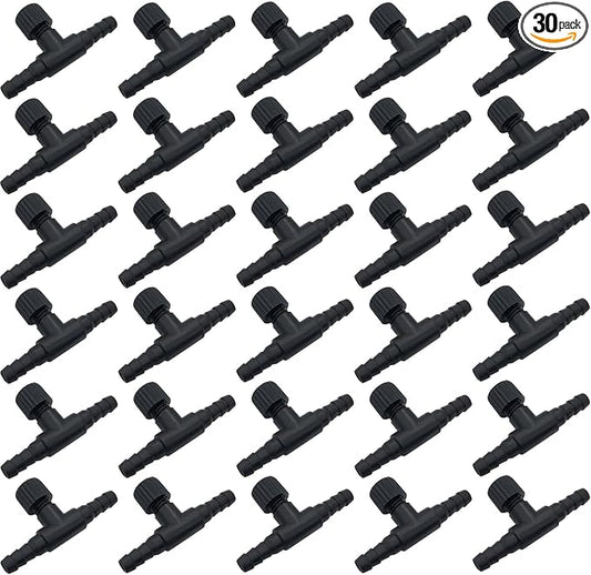 30 Pcs Aquarium Control Valves, 2-Way T Shaped Fish Tank Air Control Valve for 3/16" (4 mm) ID Air Tube(Black)