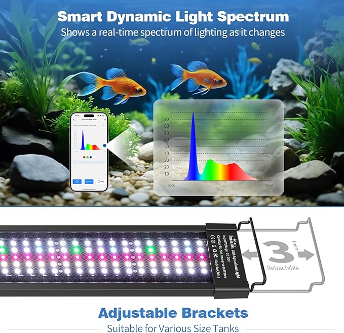 Bluetooth LED Aquarium Light with APP Control, 3 Modes for 12-18 Inch Fish Tank Light with Full Spectrum White Blue Red Green Lights, IP68 Waterproof with Extendable Brackets for Freshwater