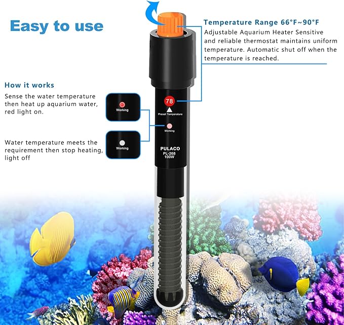 PULACO 100Watt Aquarium Heater for 15-25 Gallon Fish Tank, Adjustable Submersible Heater Thermostat with Thermometer Strip and Suction Cup