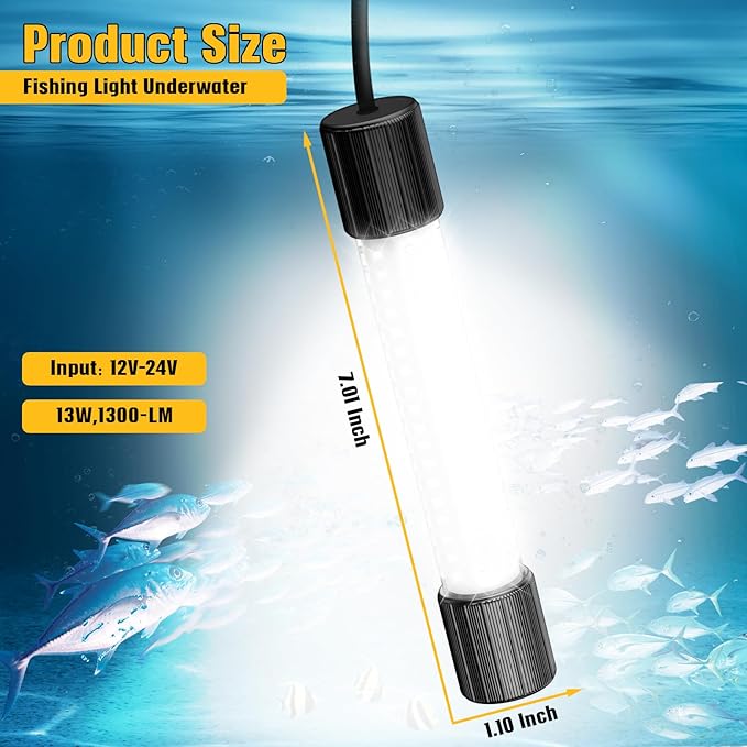 Underwater Fishing Light White LED Compatible with Dewalt 20V 60V Battery Lure Bait Light Submersible Night Boat Waterproof IP68 in Freshwater and Saltwater with 16.4FT