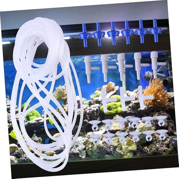POPETPOP Tropical Aquarium Airline Tubing Accessories 6m Long 12 Suction Cups 4 Manifold Fittings 5 Valves 6 Stopper Valves