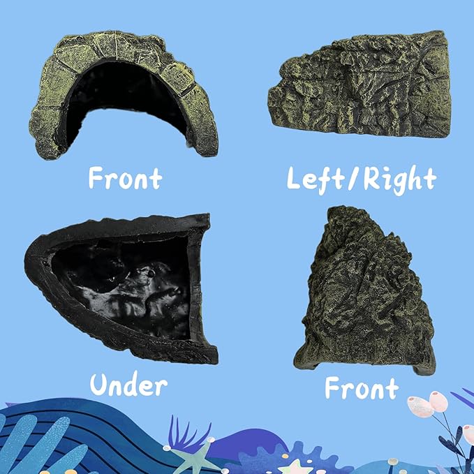 Axolotl Tank Accessories, Aquarium Decor Set with 1 Resin Simulation Rock Cave Hideout and 2 Plastic Artificial Plants, Fish Tank Decorations, Axolotl Tank Decor