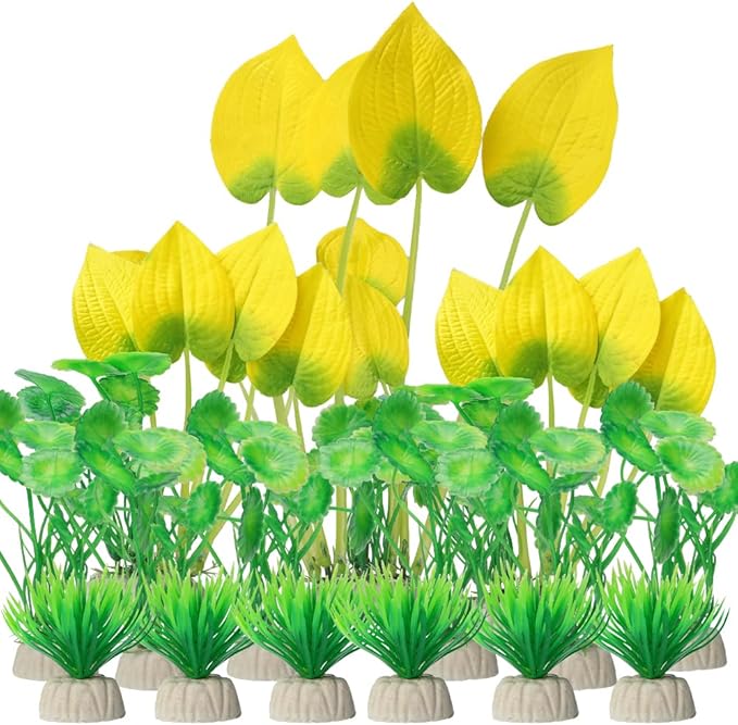Artificial Aquarium Plants, 15-Piece Plastic Decorative Set, Lifelike Underwater Garden (Yellow)