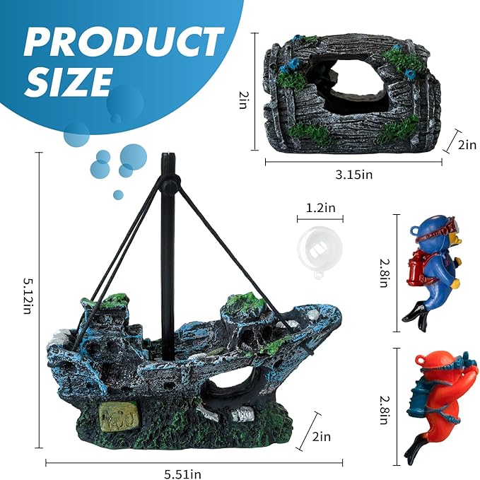 4PCS Fish Tank Decorations Set – Resin Shipwreck & Barrel with 2 Floating Diver Figurines, Aquarium Decor Ornaments for Betta Fish Goldfish Shrimp, Safe Hideouts Decor for Small Tanks