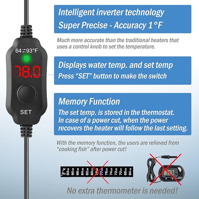 Super Mini Aquarium Heater 10W Betta Heater for 1-2 Gallon Tanks, Small Fish Tank Heater Turtle Heater with Dry-Run/Overheat Protection, Memory Function