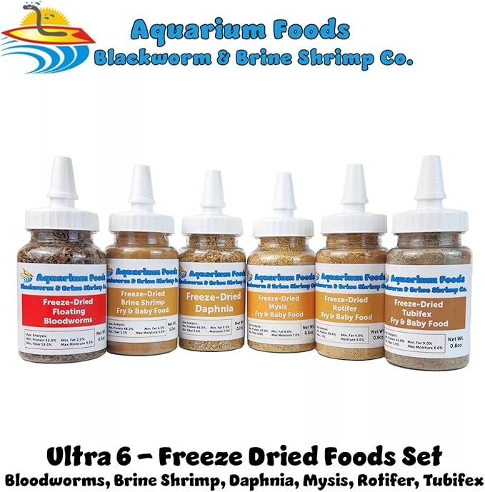6-Pack of Bloodworms, Brine Shrimp, Daphnia, Mysis Shrimp, Rotifers, Tubifex Powder & Bits for Freshwater Fish, Marines, Corals, Anemones, Baby Pond Fish…6 x SM Squeeze Bottles