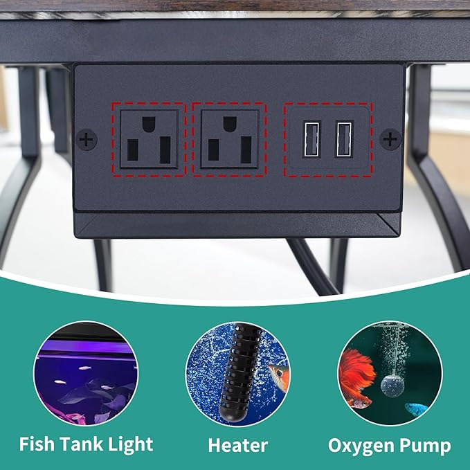 HavenlyYouth 10 Gallon Aquarium Stand with Power Outlet, 3 Tier Heavy Duty Metal Fish Tank Stand with Storage, Fish Tank Table for Home Office, 21.3" x 11.8" x 29", Rustic Brown