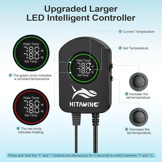 HiTauing Aquarium Heater, 100W/200W/300W/500W Fish Tank Heater with Upgraded LED Large Display, Up/Down Control Buttons and Intelligent Leaving Water Automatic Power-Off for Saltwater and Freshwater