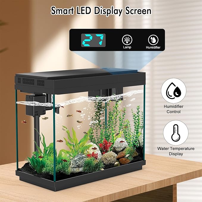 Smart Aquarium Fish Tank with Silent Water Pump, 2.4 Gallon Small Aquarium with Quick Start Kit, Temperature Display, Humidifier and RGB Lights, Perfect for Home, Office, and Decor, Black