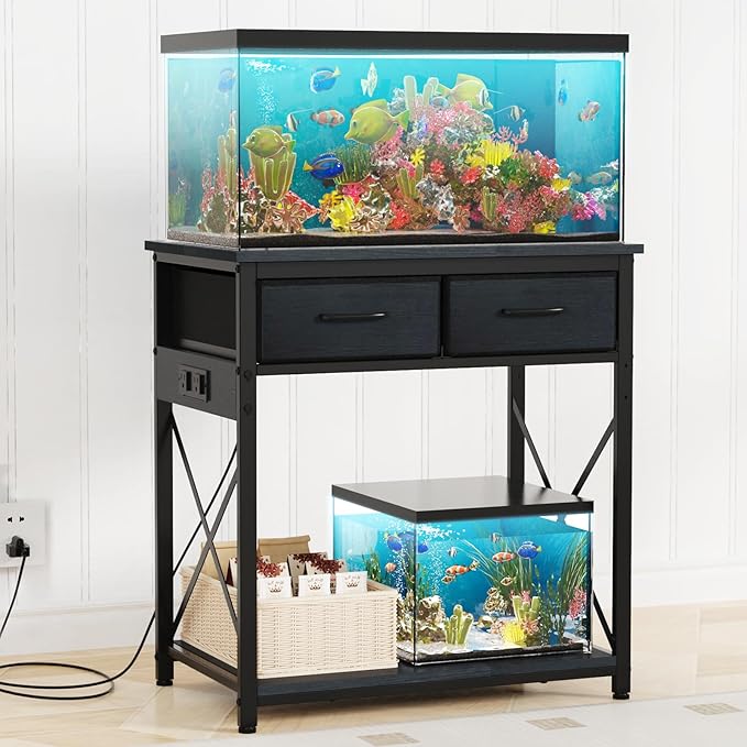 20-29-37 Gallon Fish Tank Stand with Power Outlet, Heavy Duty Metal Aquarium Stand with Two Storage Drawers for Fish Tank Accessories Storage, Perfect for Turtle Tank, Reptile Terrarium, Black