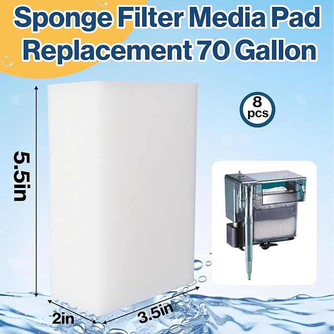 8-Pack Sponge Filter Media Pad Replacement, Compatible with Aqua Clear 70 Gallon, Fits for 40-70 Gallon Aquariums, Enhanced Foam Insert for Filtration, Fish Tank Filter Media