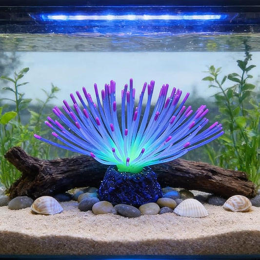 Fluorescent Rainbow Sea Urchin Aquarium Decor - Glows Under Blue Light, Weighted Silicone Ornament for Fish Tank with Swaying Spines, Saltwater & Freshwater, Vibrant Aquascape Centerpiece (Purple)