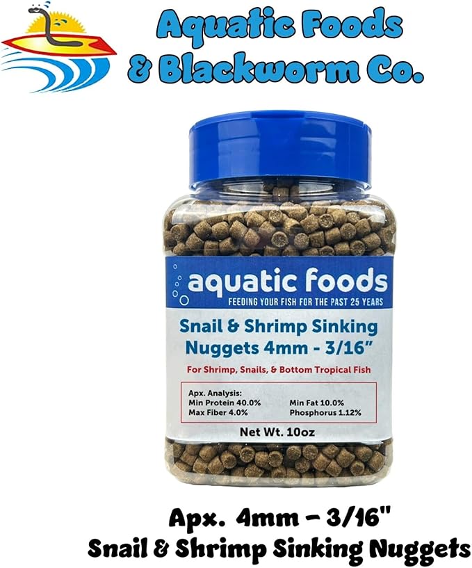Snail & Shrimp 4mm Sinking 40% Protein Nuggets. Ideal for All Snails, Shrimp and Bottom Tropical Fish…10oz Jar