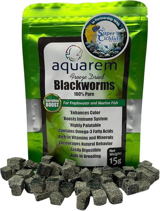 Premium Grade Freeze Dried California Blackworms with Spirulina Boost - High-Protein, All Natural Fish Food from Temp Controlled Hatchery for Vibrant Cichlids, Tropical & Marine Fish (15 Grams)