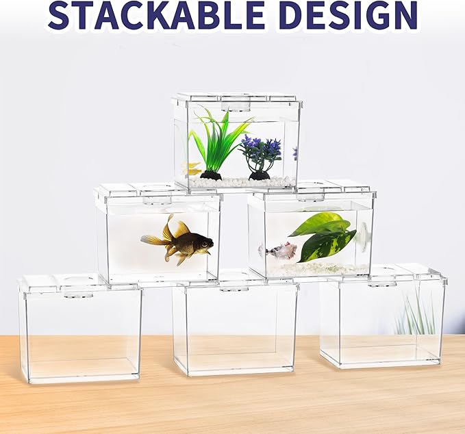 MoonOrange Mini Betta Fish Tank, Small Fish Bowl for Temporary Space, 0.2 Gallon Stackable Cube Tank with Artificial Plants and Gravels for Small Fish, Insect, Shrimp, Crab, Spider. (Pack-2)
