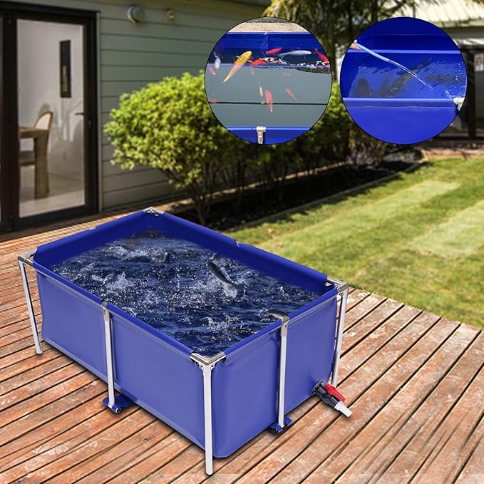 Foldable Fish Aquarium Tank, Canvas Blue Cuboid Small Above Ground Pond With Drain Valve, Portable Koi Breeding Pool, Indoor Outdoor Goldfish Tank, Turtle Ornamental Pool