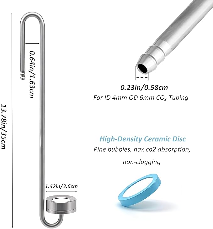 LINLAN 13.78in 304 Stainless Steel CO₂ Diffuser, Frosted Matte Material(One-Piece Molding), Equipped with Silicone Suction Cup + Replacement Diffusion Disc, Suitable for Rimless Planted Aquariums