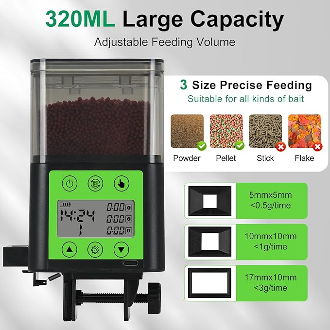 Lychee Automatic Fish Feeder USB Rechargeable 320ML Large Capacity Aquarium Fish Food Dispenser with Two Feeding Ring, Moisture-Proof-Aquarium Electric Timer Feeder for Vacation Business Trips