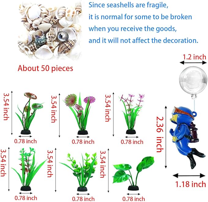 Aquarium Shipwreck Decor Set, Fish Tank Accessories Resin Submarine Ornament Betta Fish Hideout Cave with 6 Artificial Aquatic Plants, 40+ Seashells, 1 Floating Diver for Freshwater Saltwater