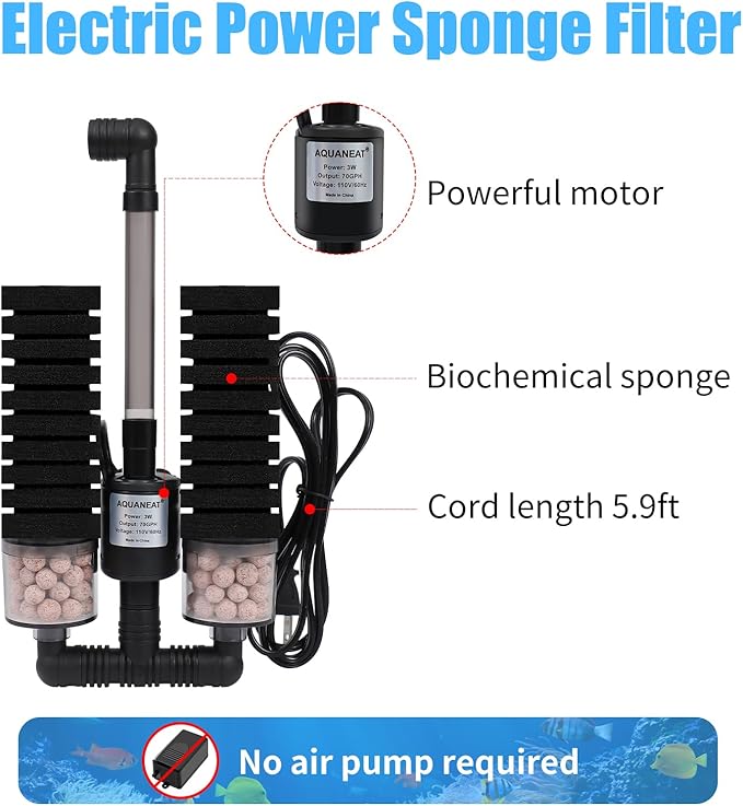 AQUANEAT Aquarium Electric Sponge Filter for Fish Tank, with Pump, with 2 Extra Sponges, Middle up to 40Gal