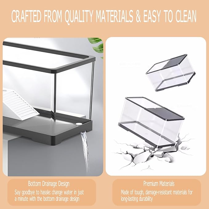 Turtle Tank Starter Kit, Upgraded Aquarium Fish Tank Kit with Filter,Fish Net, Reptile Habitat with Adjustable UV Lamp & Lid,Bask Platform for Crabs,Amphibians,Reptiles.(12"x7.7"x7.2")