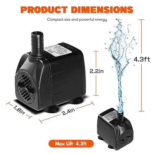 Simple Deluxe 4.3ft High Lift 160GPH 8W Water Table Pump (600L/H) with 2 Nozzles, Perfect for Fish Tank, Pond, Aquarium, Hydroponics, Black
