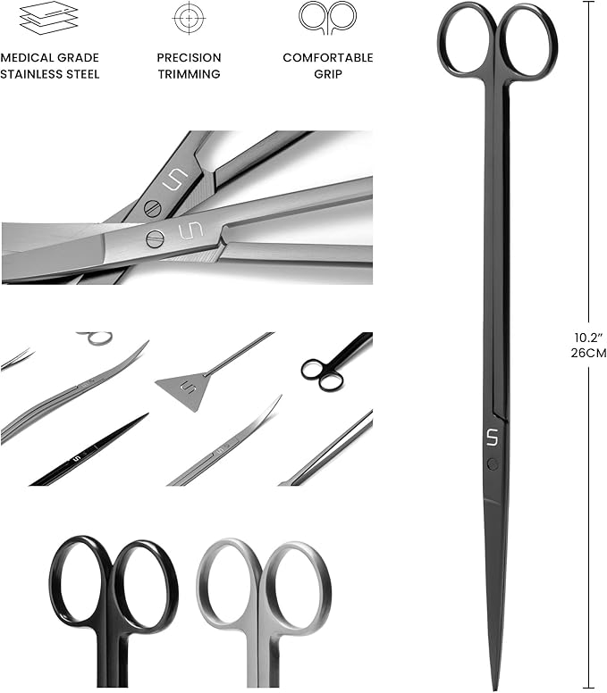 UNS Aquascaping Tools - Stainless Steel, Rust Resistant, Freshwater Planted Tank, Saltwater Reef Aquarium Maintenance Accessory - Trimming Stems & Carpets, Coral Cutting - Straight Scissors, Black