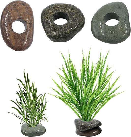 6 Pcs Natural River Stone Plant Weights for Fish Tank, Pebble Aquatic Plants Fixed Ring, Unique Anti-Floating Decorative River Rock Anchors for Aquarium Landscape Decoration (0.79'' Hole Diameter)