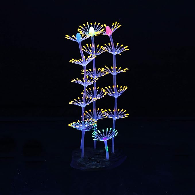 Glowing Fish Tank Decorations Plants, 4 pcs Glow Aquarium Decoration Plants Kit Glowing Coral Plant Ornaments Lotus Kelp and Anemone