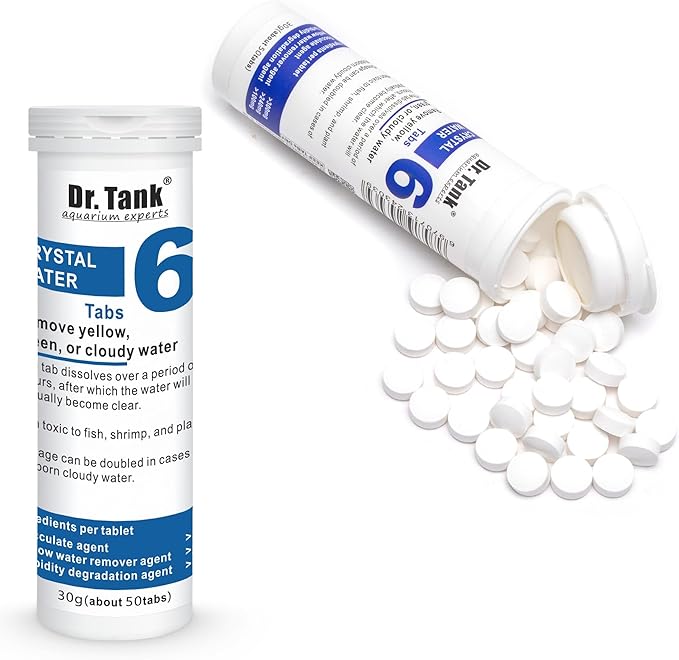 Dr. Tank #6 Crystal Water - Freshwater Aquarium Water Clarifier - Clears Cloudy Water & Debris - Safe for Fish, Shrimp, & Live Aquatic Plants - 50 Tablets