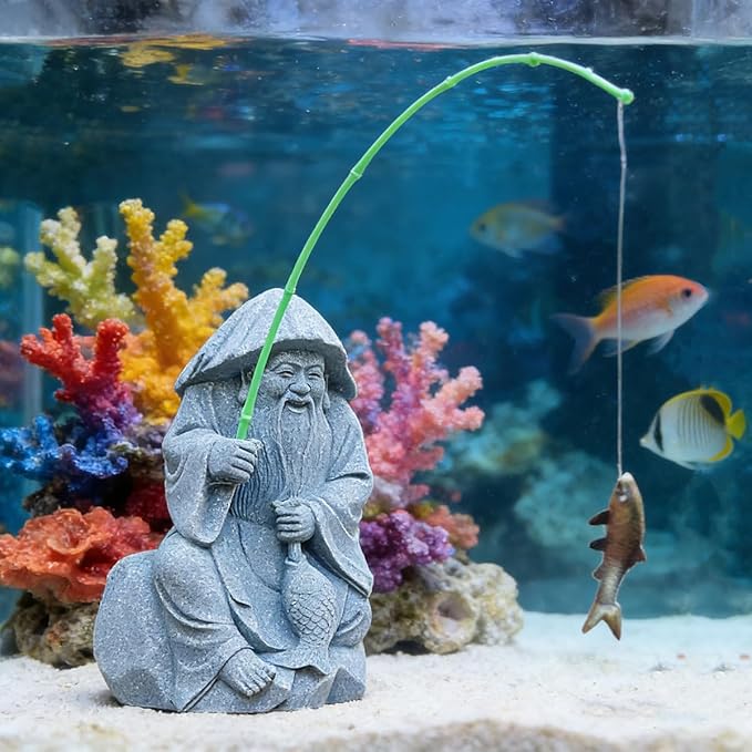 livelyfish Aquarium Fisherman Statue Japanese Old Man Figurine Sandstone Sitting Fishing Figurines for Fish Tank Garden Home Decor (E2)