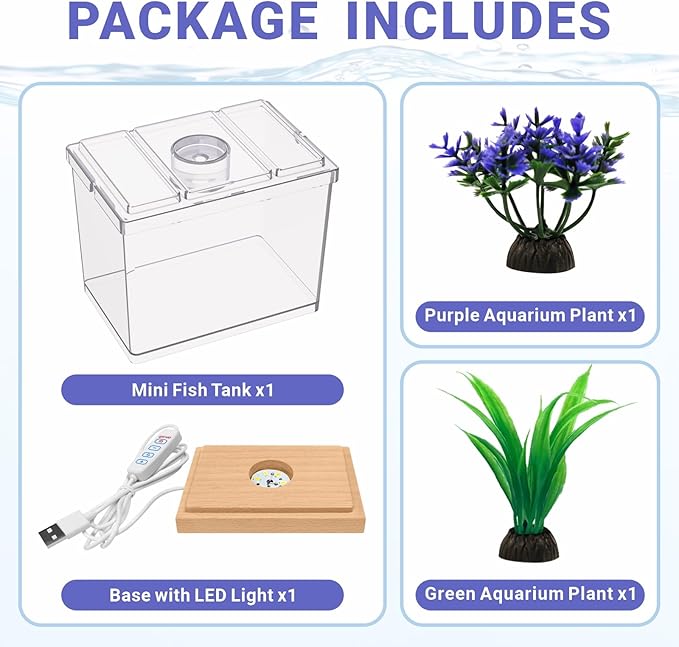 MoonOrange Mini Betta Fish Tank Kit with LED Light Base, Small Fish Bowl for Temporary Space, 0.2 Gallon Stackable Cube Tank with Artificial Plants for Small Fish, Insect, Shrimp, Crab, Spider (Kit-2)